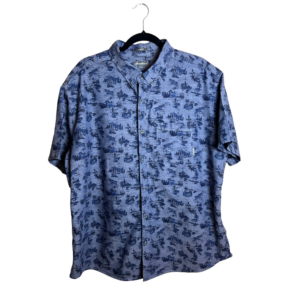 Men's Eddie Bauer Button Up Shirt Blue Fishing Print 2XL Gorpcore Modern